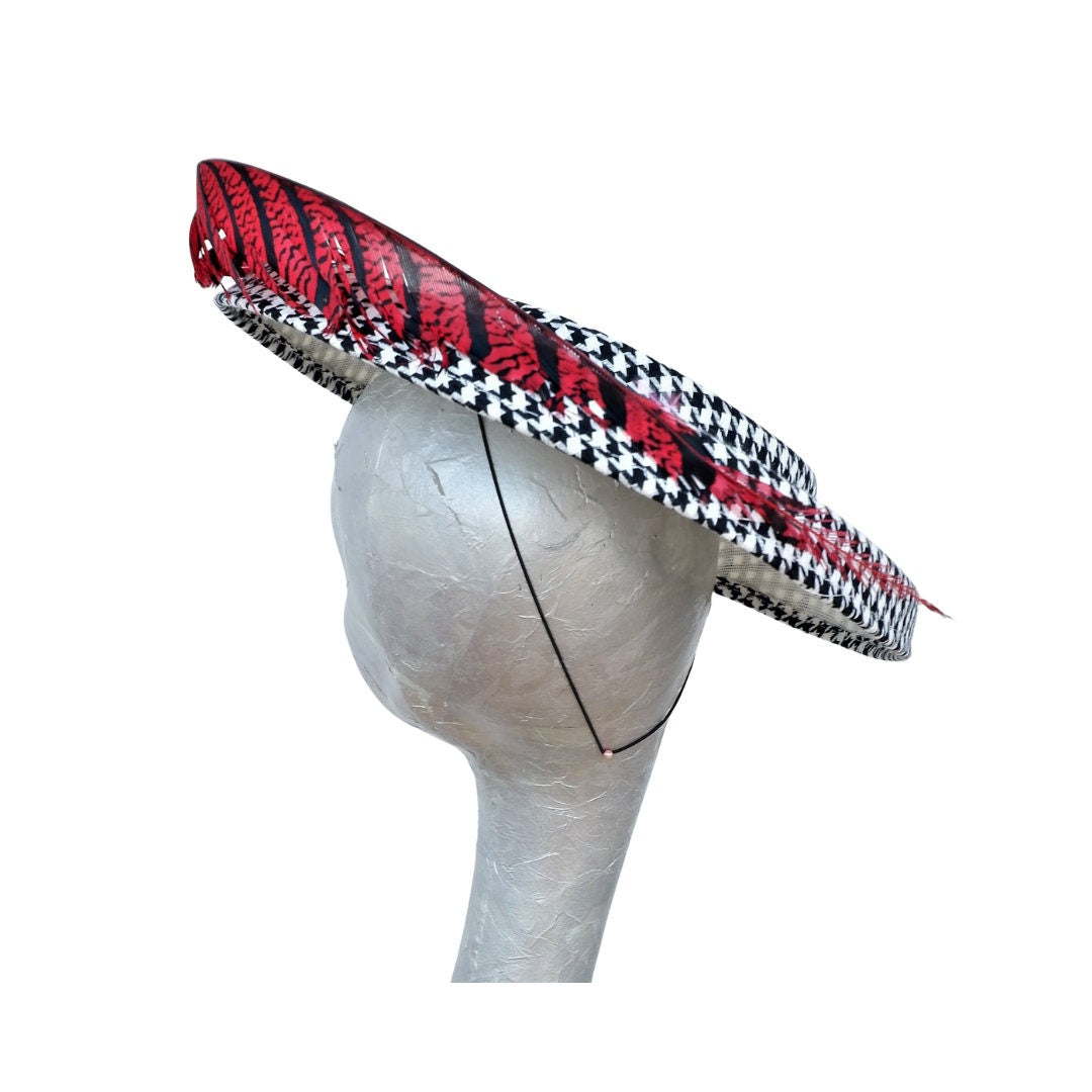 Albie - Hounds tooth Black & White hatinator with Red/Black Lady Amehurst Pheasant feather trim