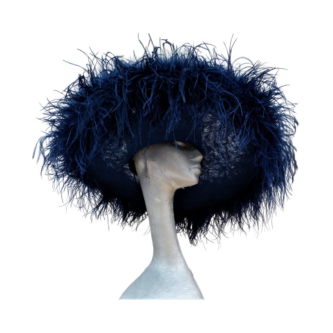 Emma - Extra large Hat with Ostrich feather boa in Navy