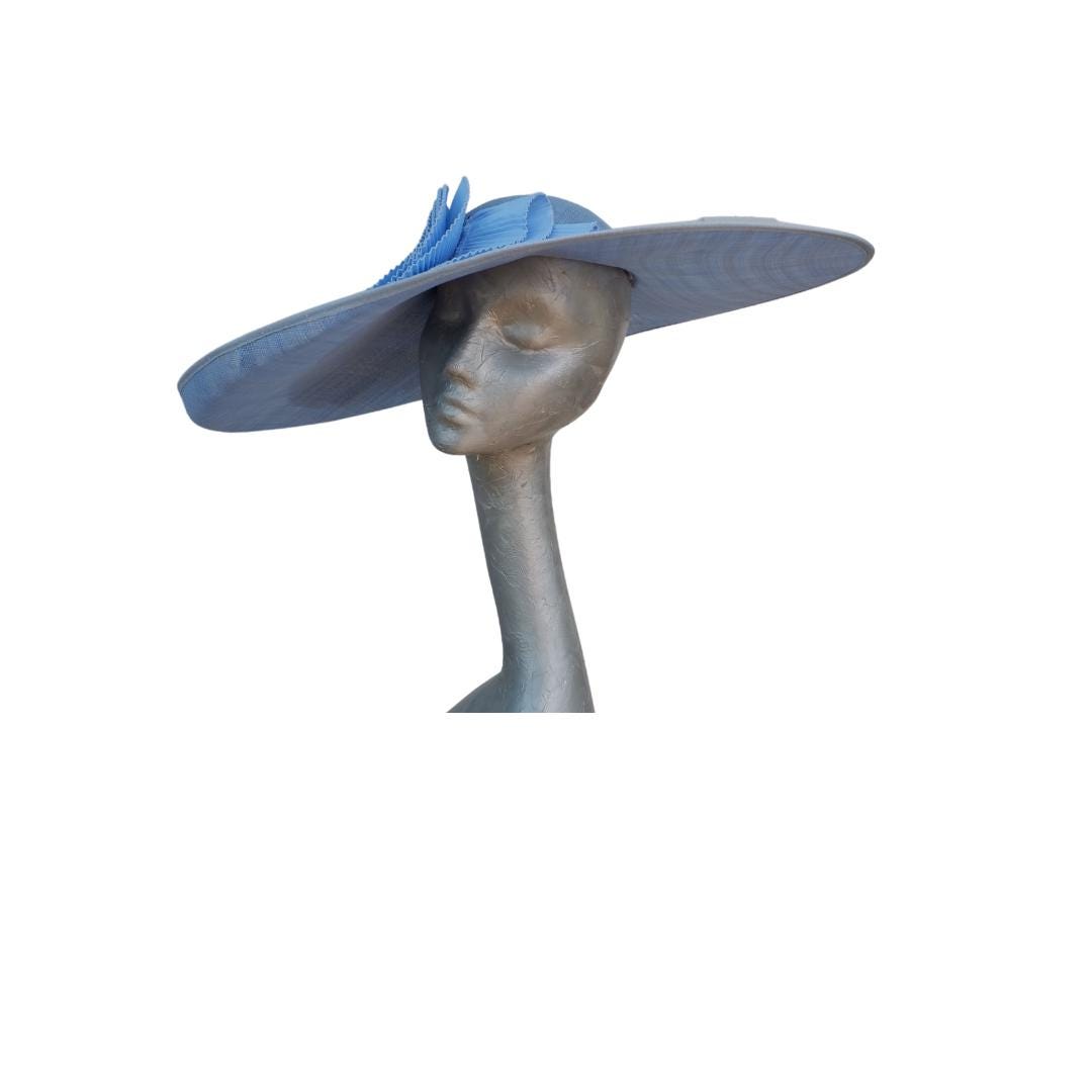 Amy - Extra large Sky Blue Hat with Pleated Trim
