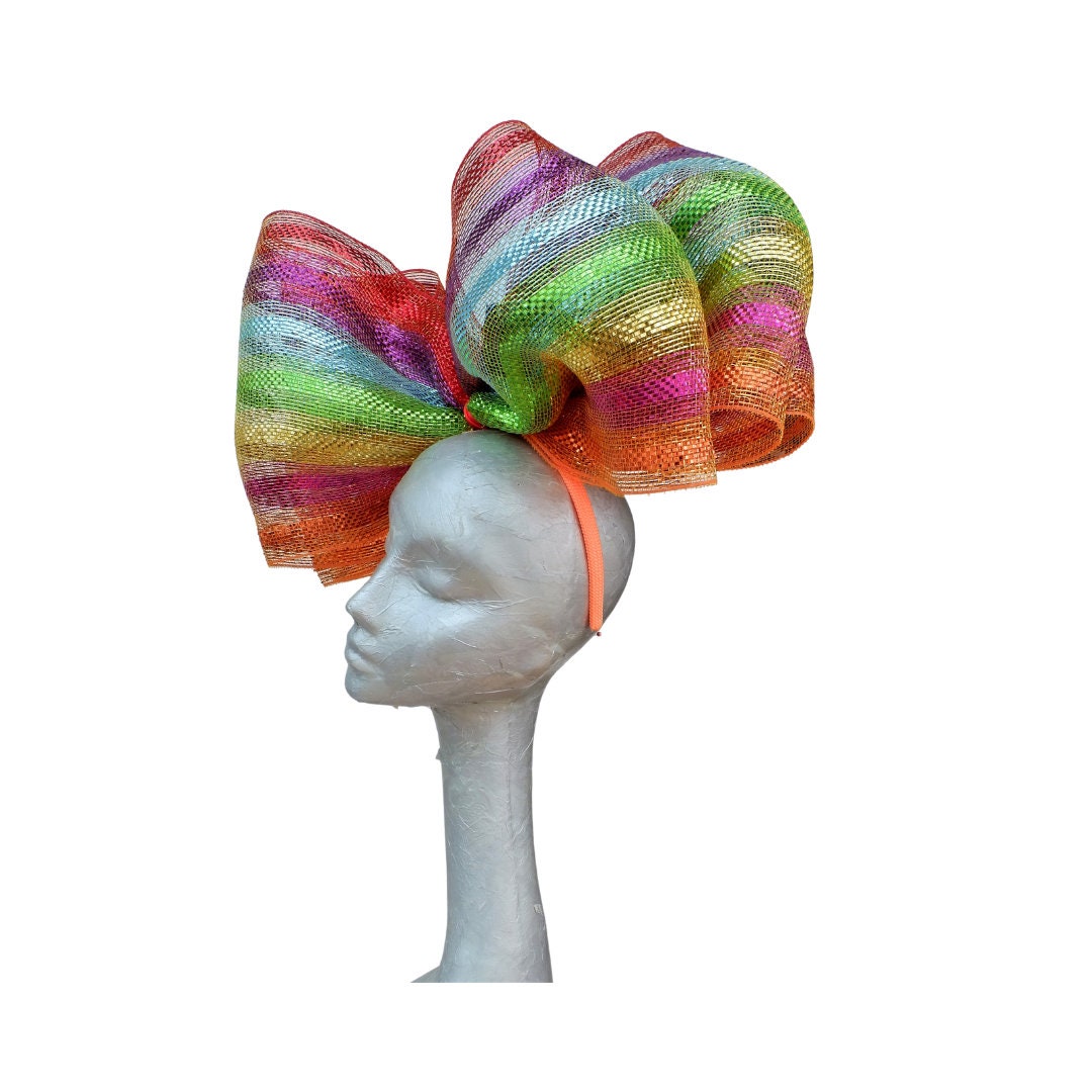 Fran - Rainbow Deco Poly Mesh triple Giant bow Fascinator