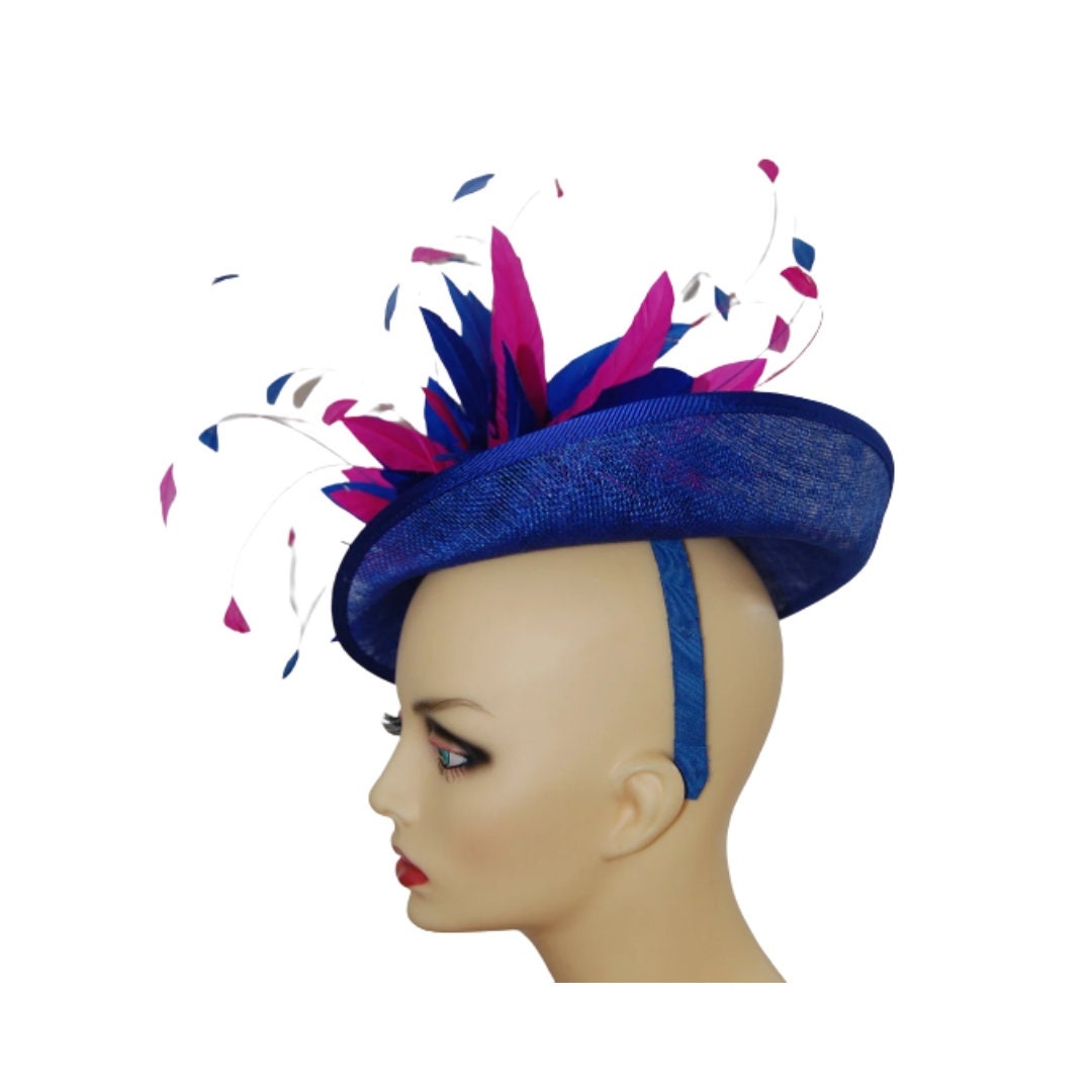 Sapphire and Cerise saucer with Cerise & Sapphire feather detail by Hats2go