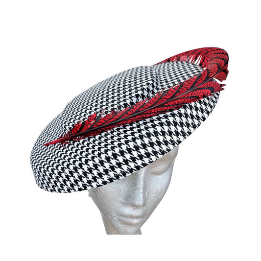 Albie - Hounds tooth Black & White hatinator with Red/Black Lady Amehurst Pheasant feather trim