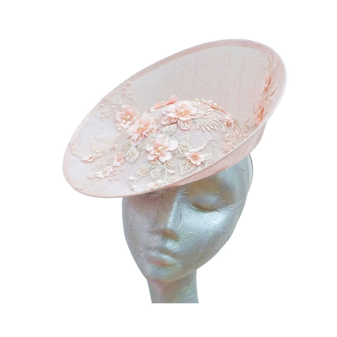 Portifino - Nude front facing fascinator with nude 3D applique trim