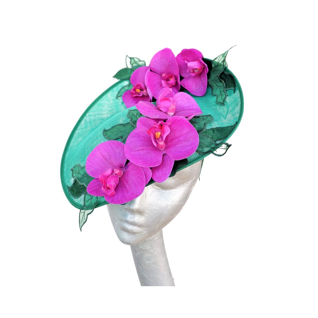 Orkney - Emerald Green Sinamay fascinator with Cerise touch Orchids