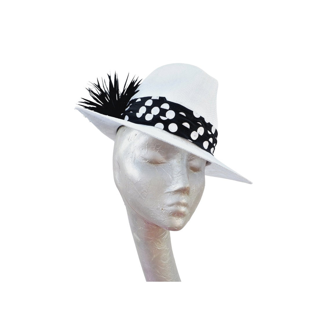 Thelma-  White & Black trimmed Trilby hat