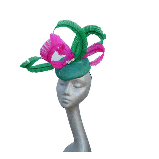 Marlow - Emerald Green Pillbox with Emerald & Hot Pink Feathers