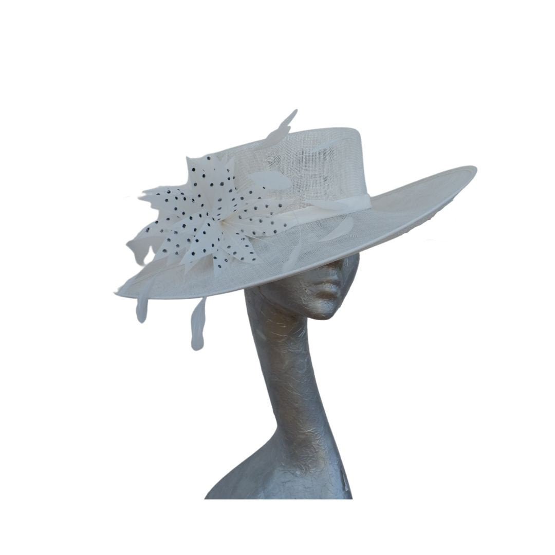 Joanie - Ivory side sweep feature hat with Ivory & Black polka dot  feather trim