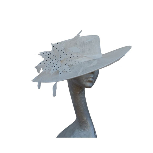 Joanie - Ivory side sweep feature hat with Ivory & Black polka dot  feather trim