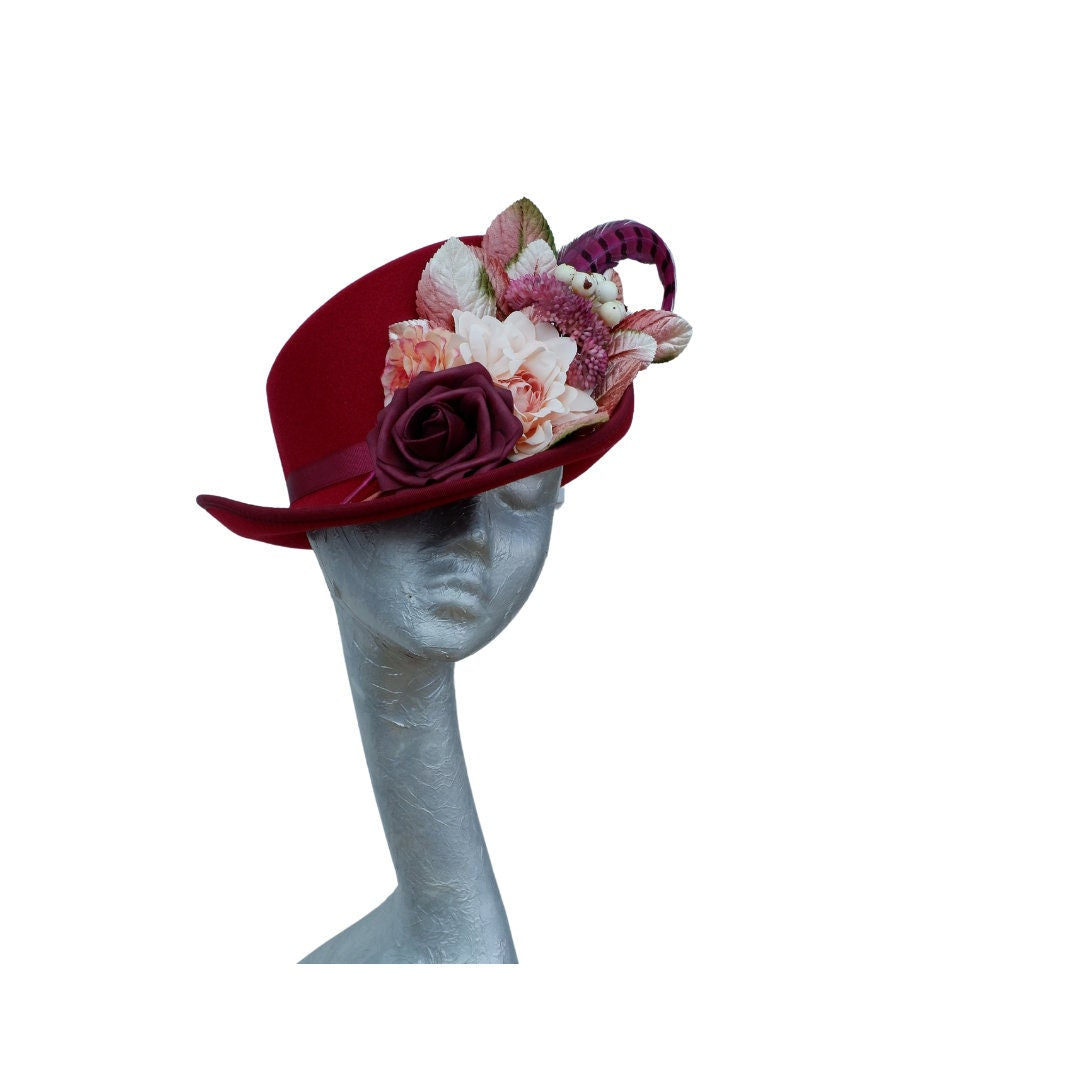 Hallie - WIne & Ivory/ blush slanted soft Top Hat with Floral detail