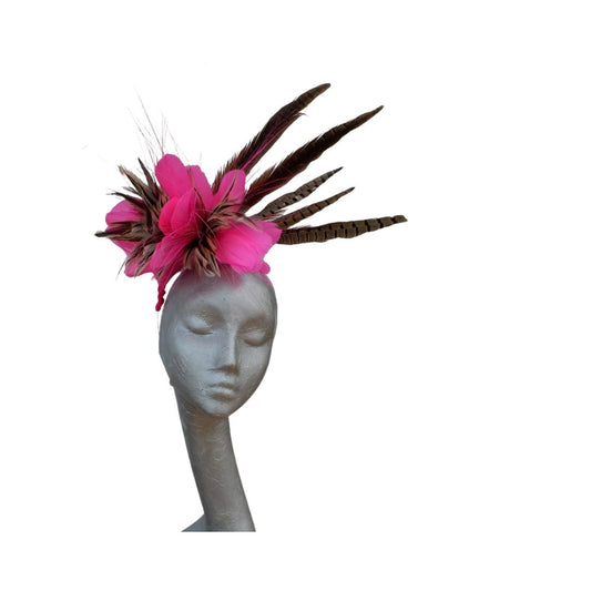 Flo - Fluorescent pink & natural feather fascinator