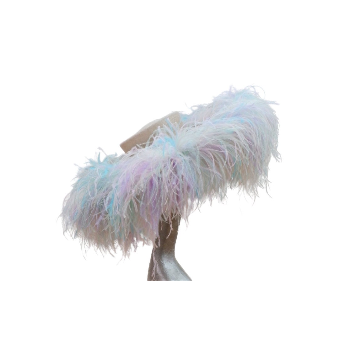 Emma - Extra large Hat Nude & Multi pastel Rainbow feathers