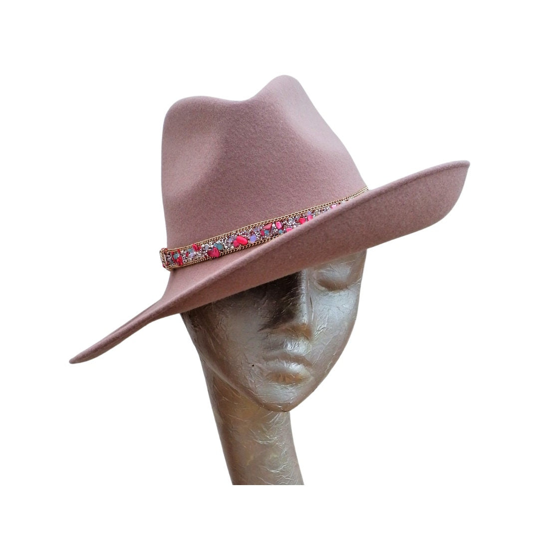 Mabel - Blush Felt Trilby Hat with Gemstone Trim