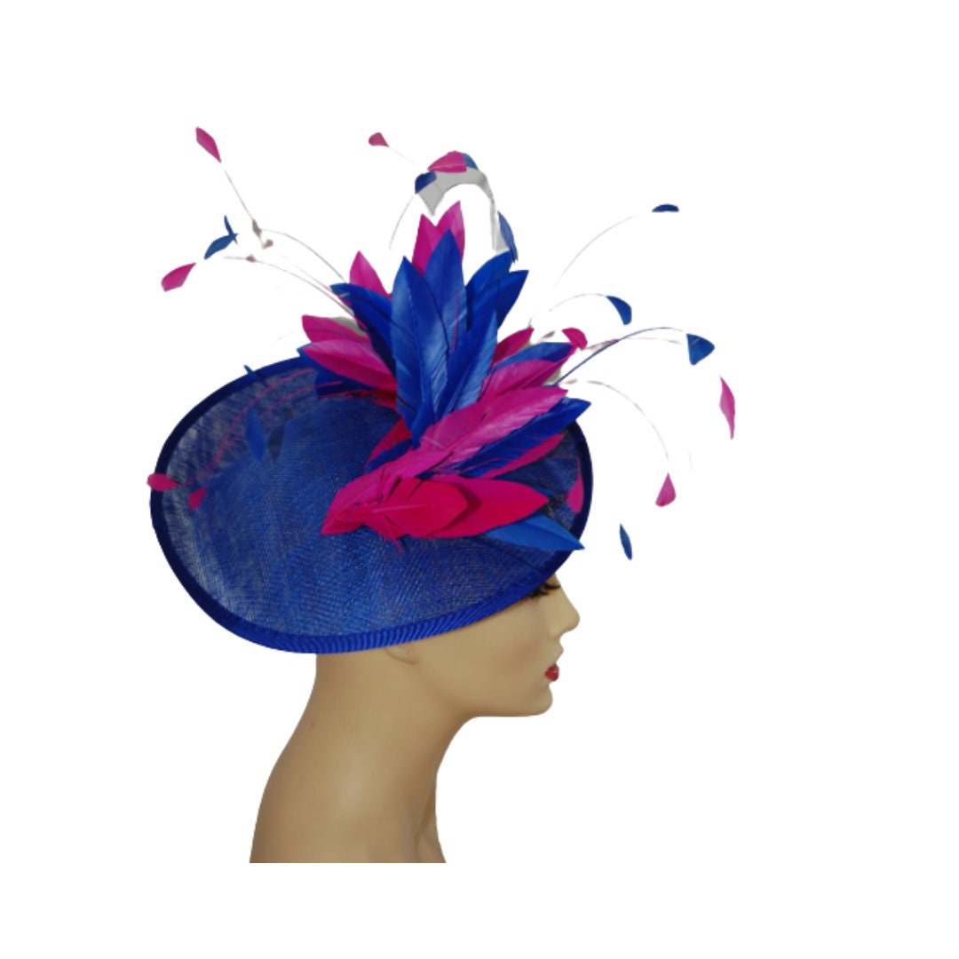 Sapphire and Cerise saucer with Cerise & Sapphire feather detail by Hats2go
