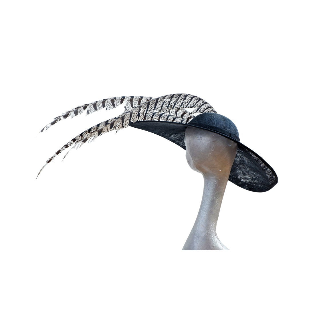 Roxy - Extra large Black Hat with 45" Off White & Black Lady Amhurst feathers