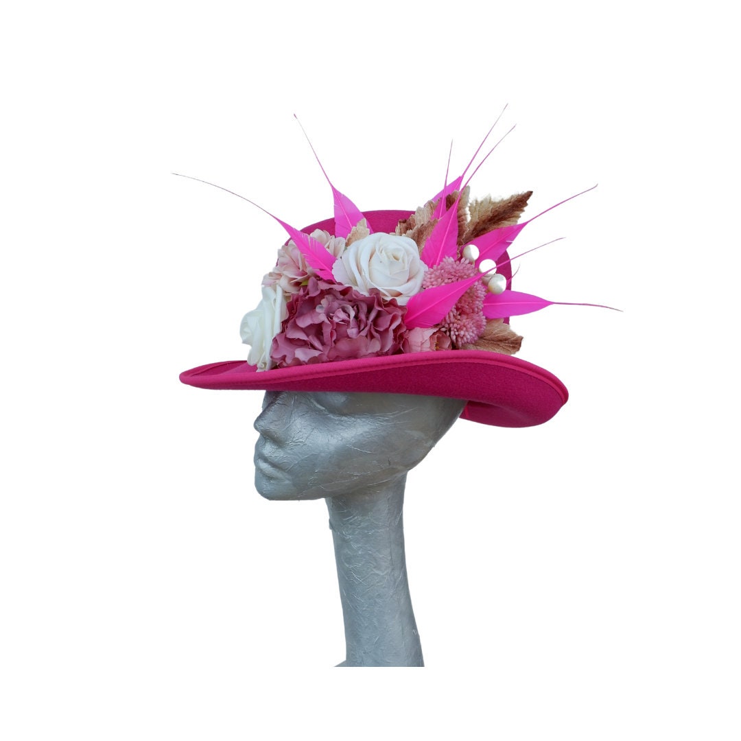 Darcy - Hot pink & Ivory slanted soft Top Hat with Floral detail