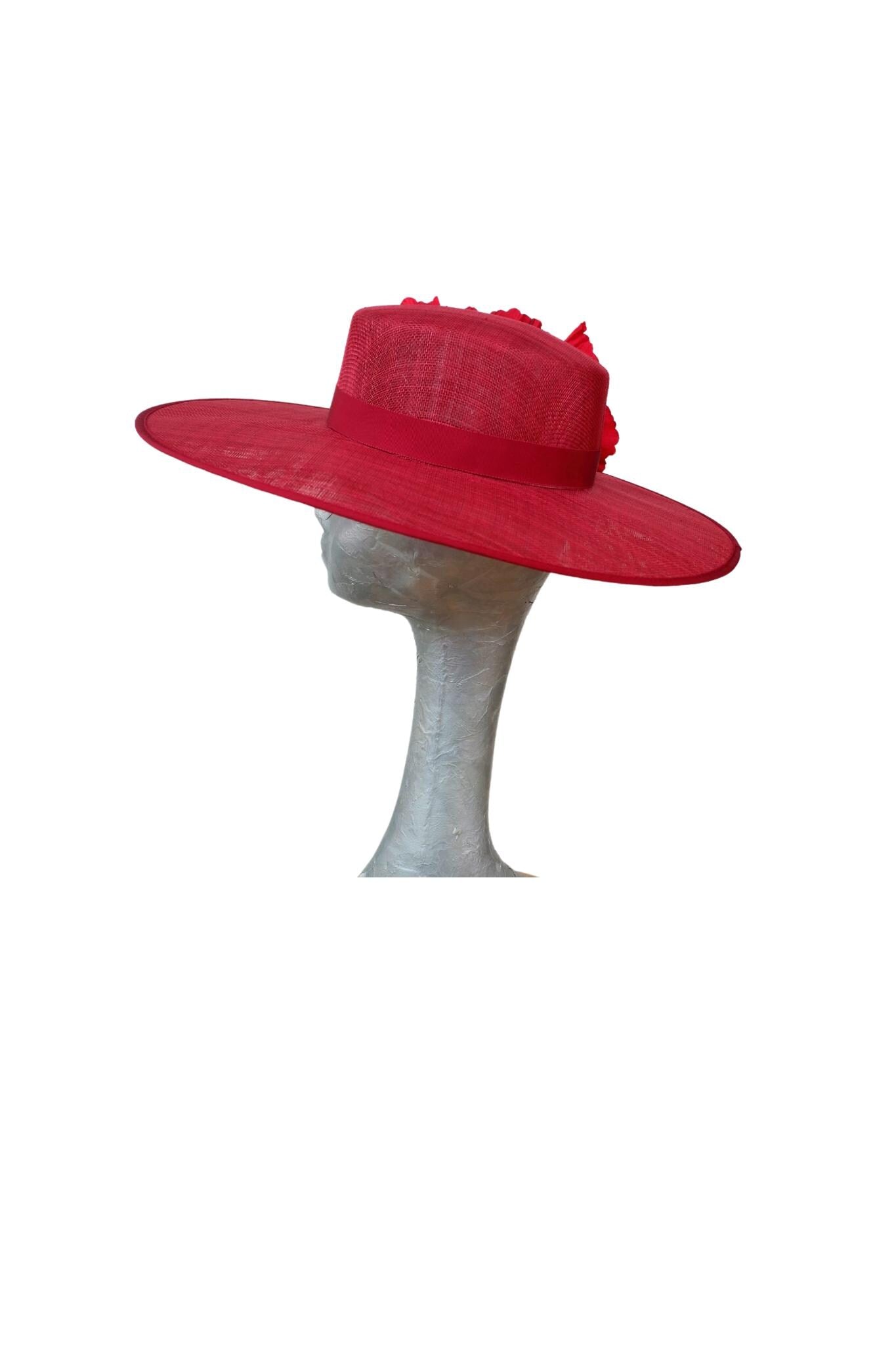 Belinda - Cherry Red Boater with Poppies