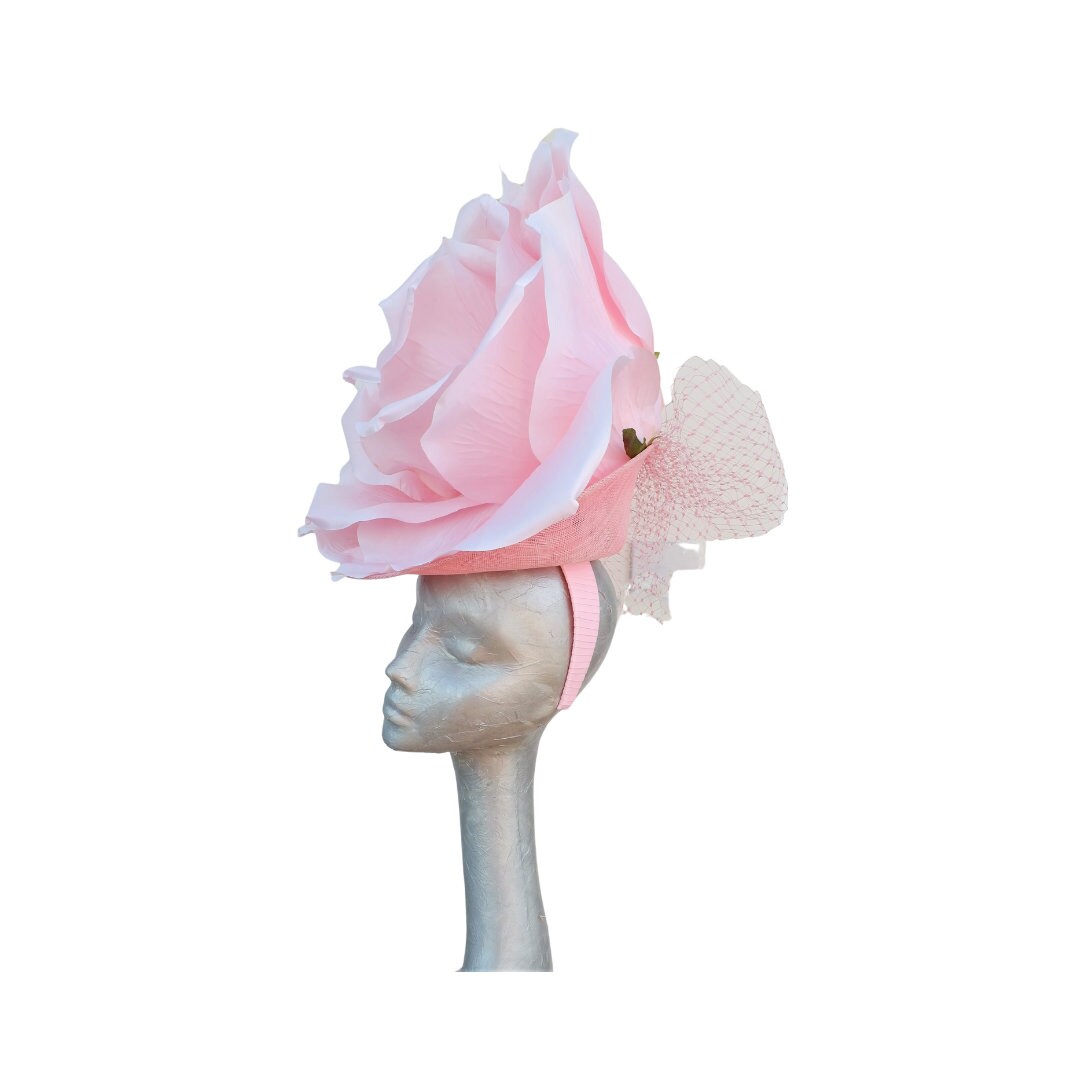 Lizzy - Giant oversized 50cm Pink rose fascinator with Pink merry widow netted bow