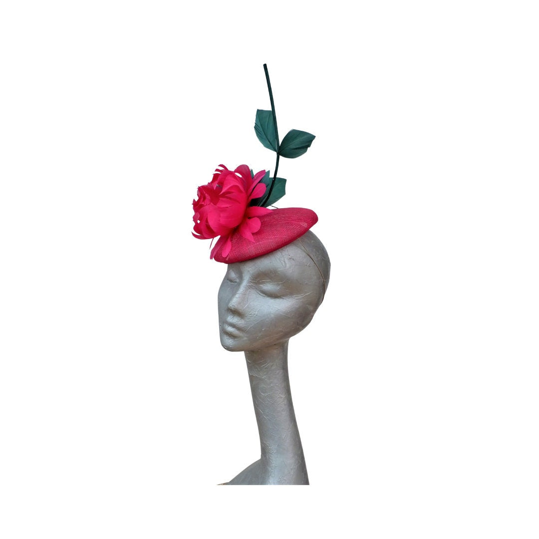 Taino - Fuchsia Button Base with Raspberry feather flower
