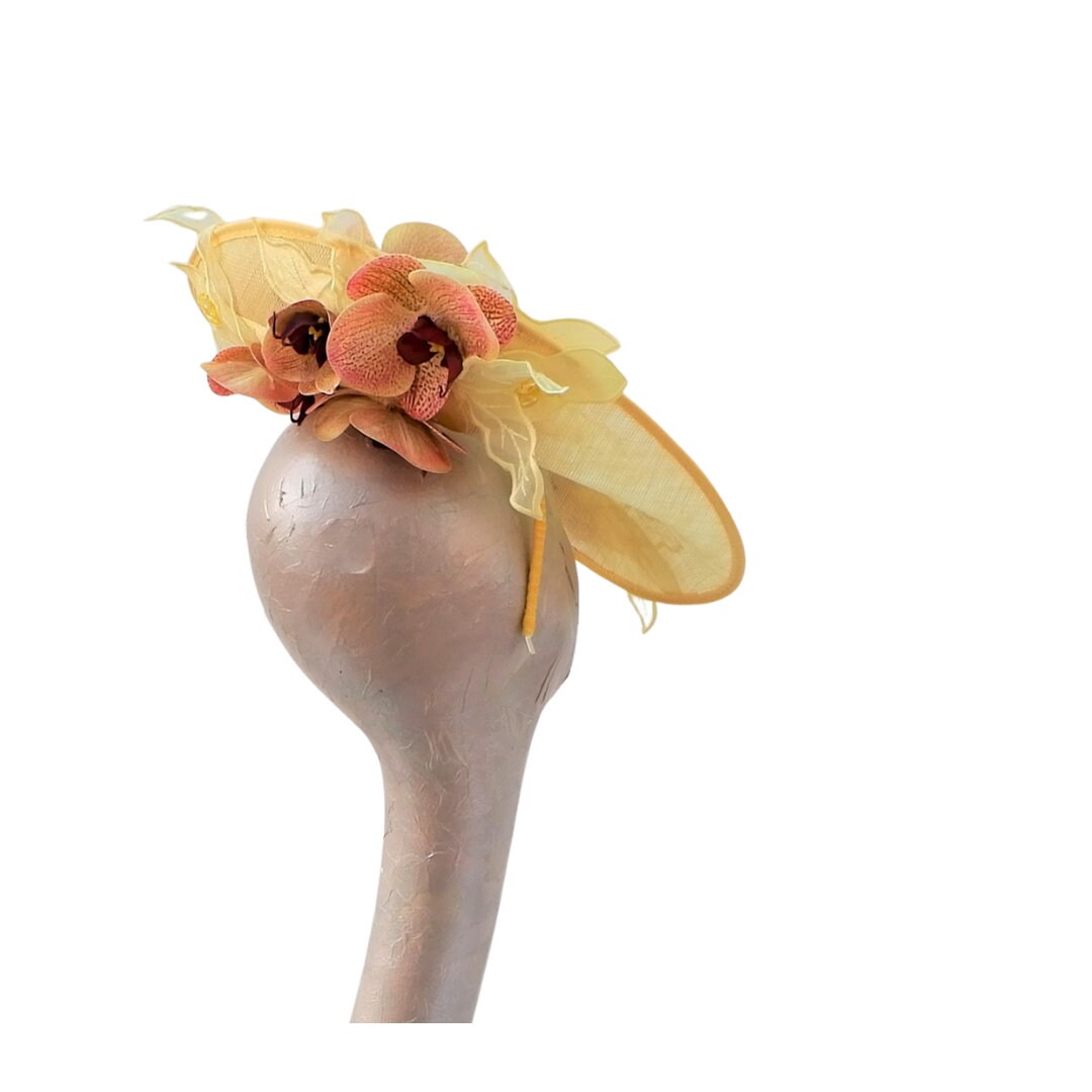 Orkney - Lemon Sinamay fascinator with Lemon & Pink Real touch Orchids