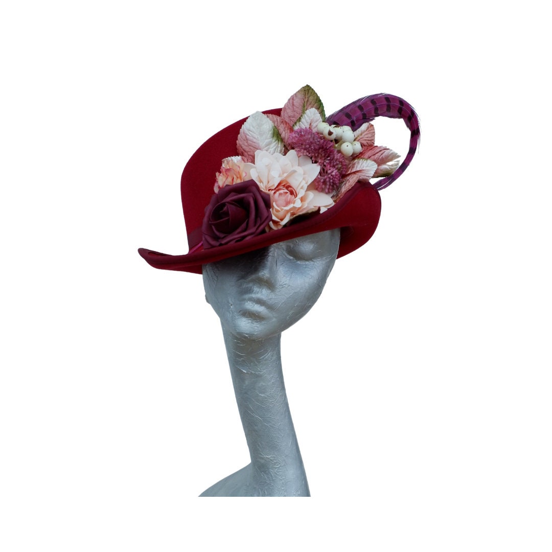Hallie - WIne & Ivory/ blush slanted soft Top Hat with Floral detail