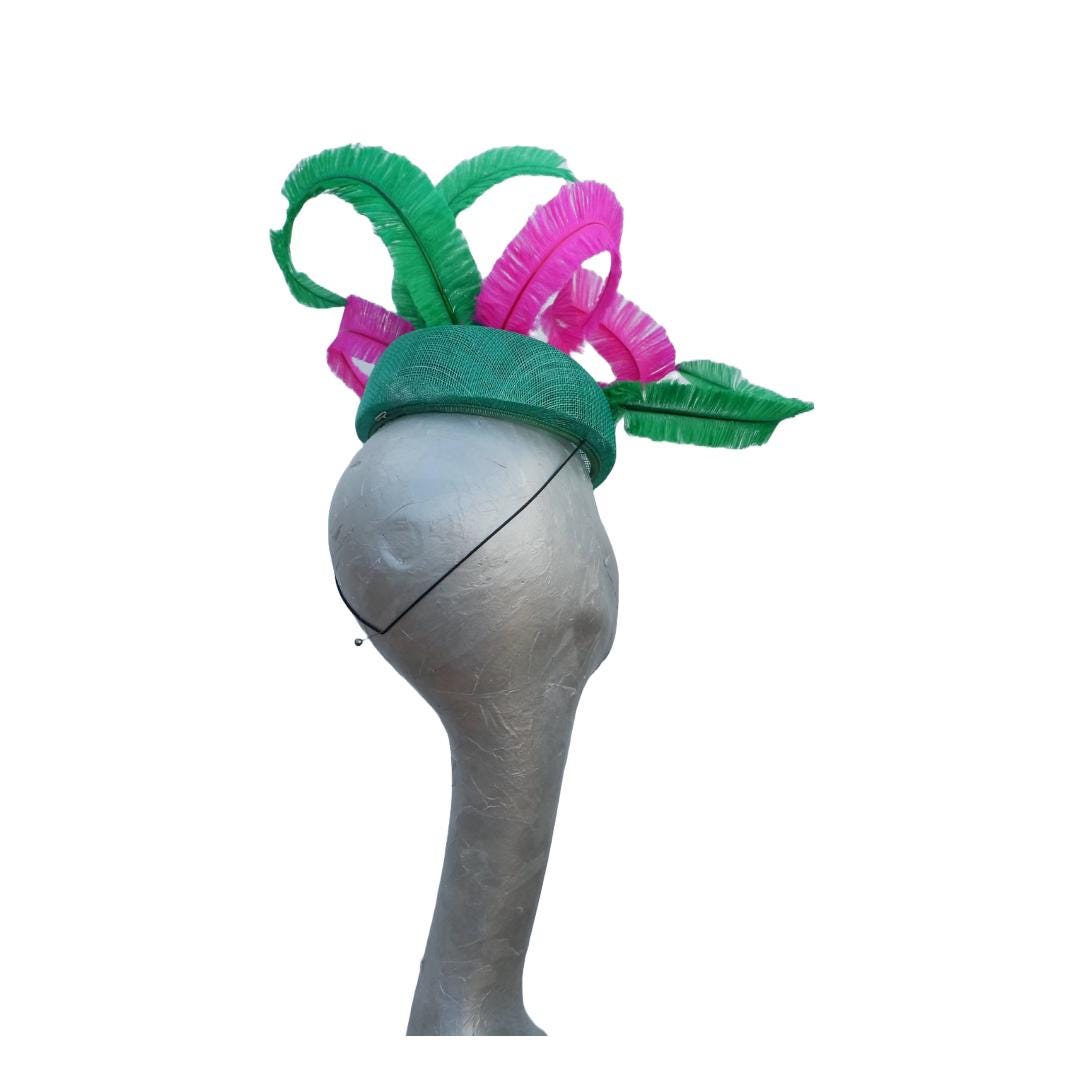 Marlow - Emerald Green Pillbox with Emerald & Hot Pink Feathers