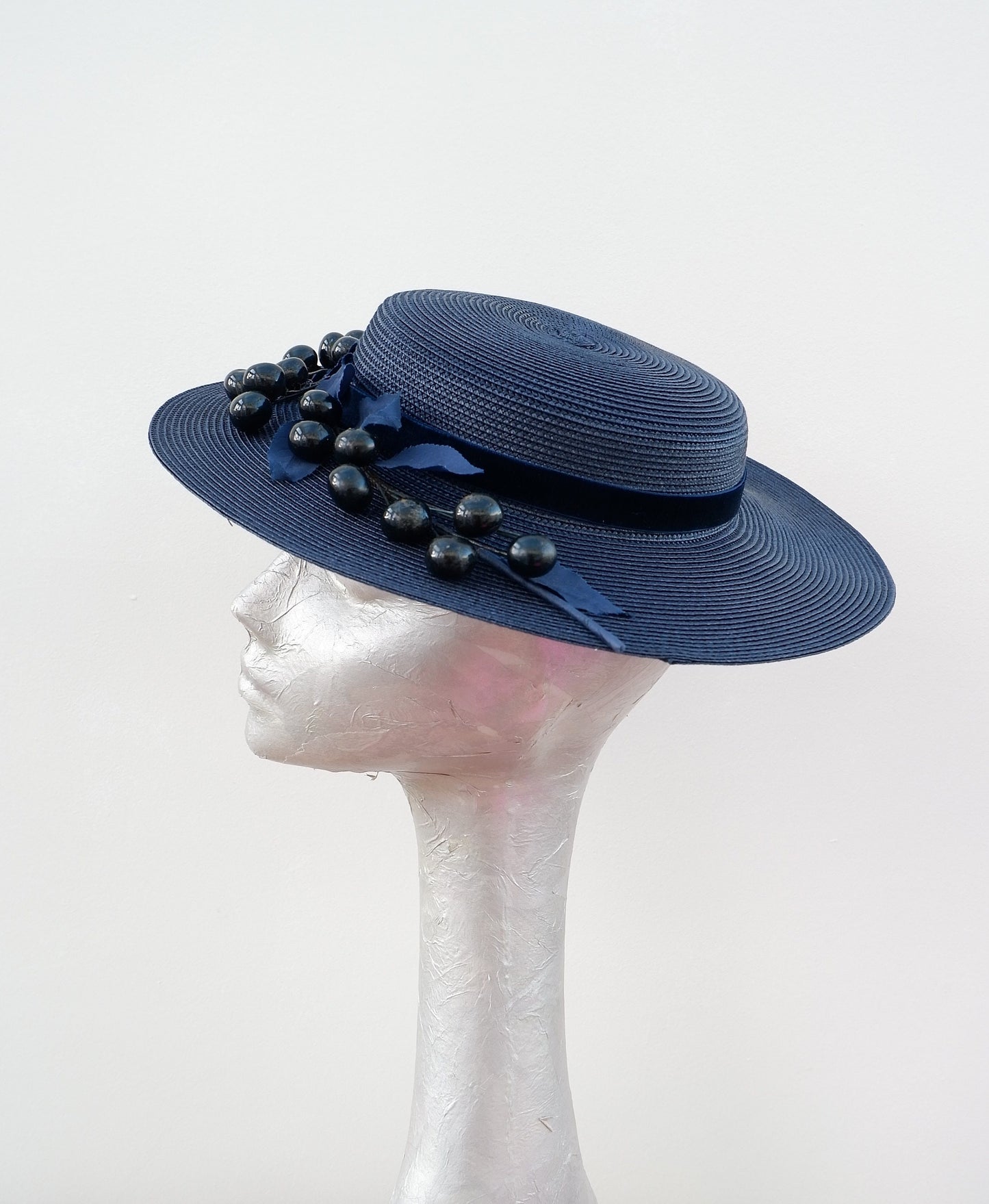 Tate - Navy Blue Polybraid Boater with Vintage 50's trim
