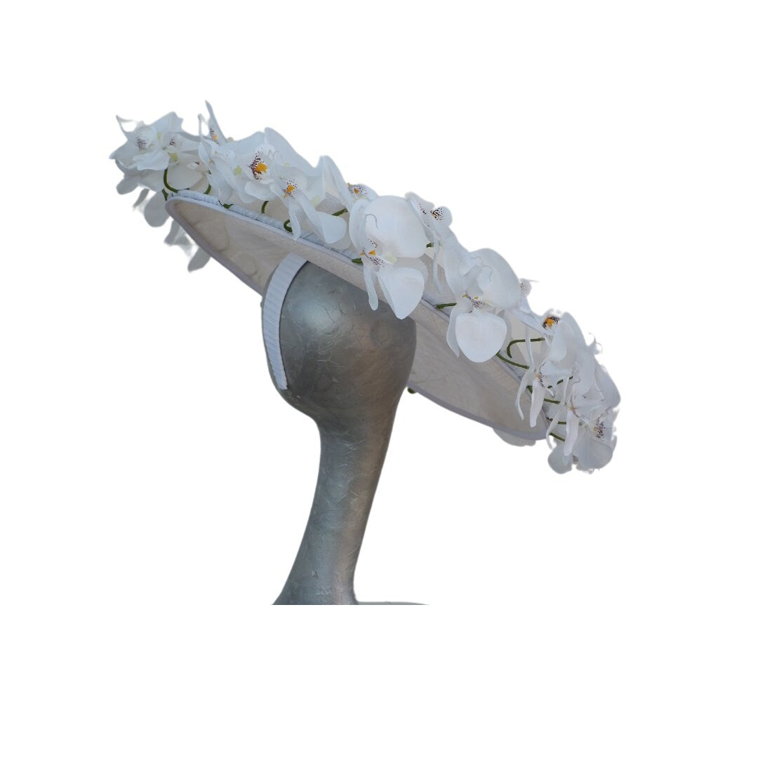 Amanda - Extra large White Hatinator edged with Silk Orchids