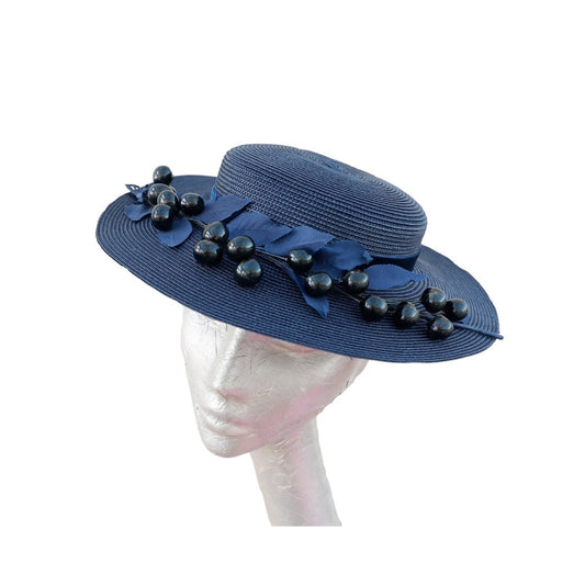 Tate - Navy Blue Polybraid Boater with Vintage 50's trim