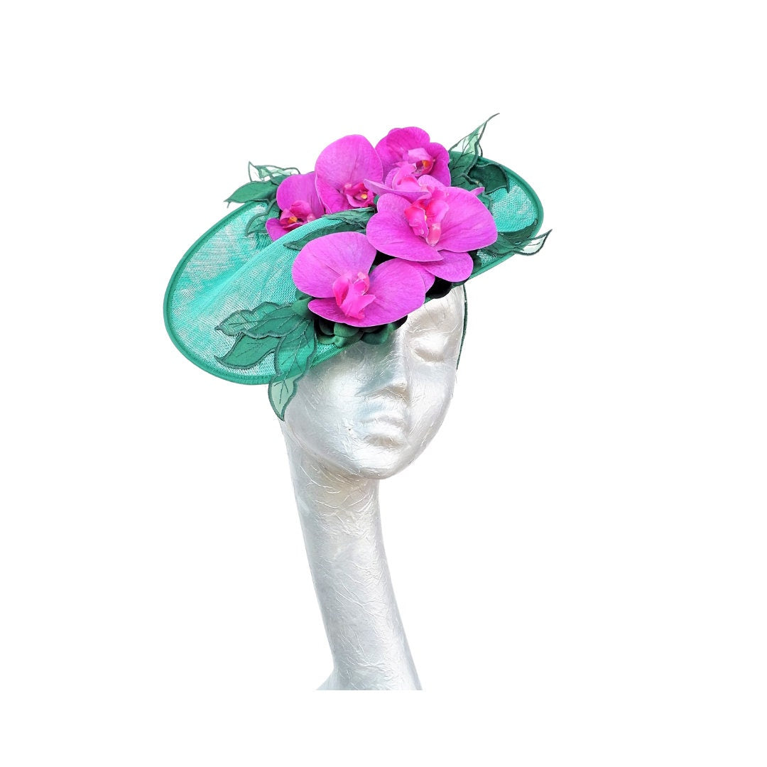 Orkney - Emerald Green Sinamay fascinator with Cerise touch Orchids
