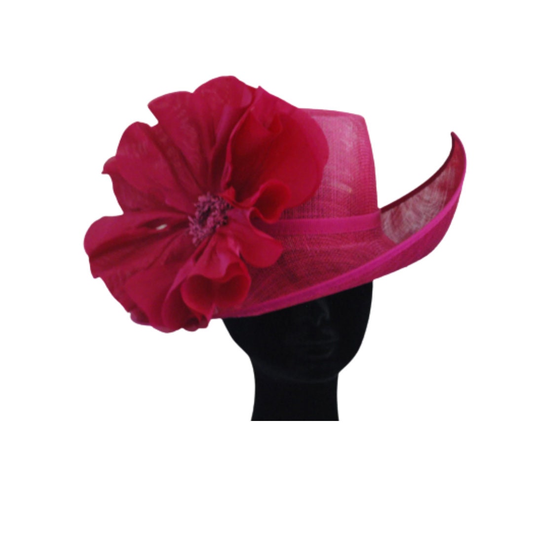 Magenta irregular shaped feature hat with silk poppy-- Style name Poppy Made to Order