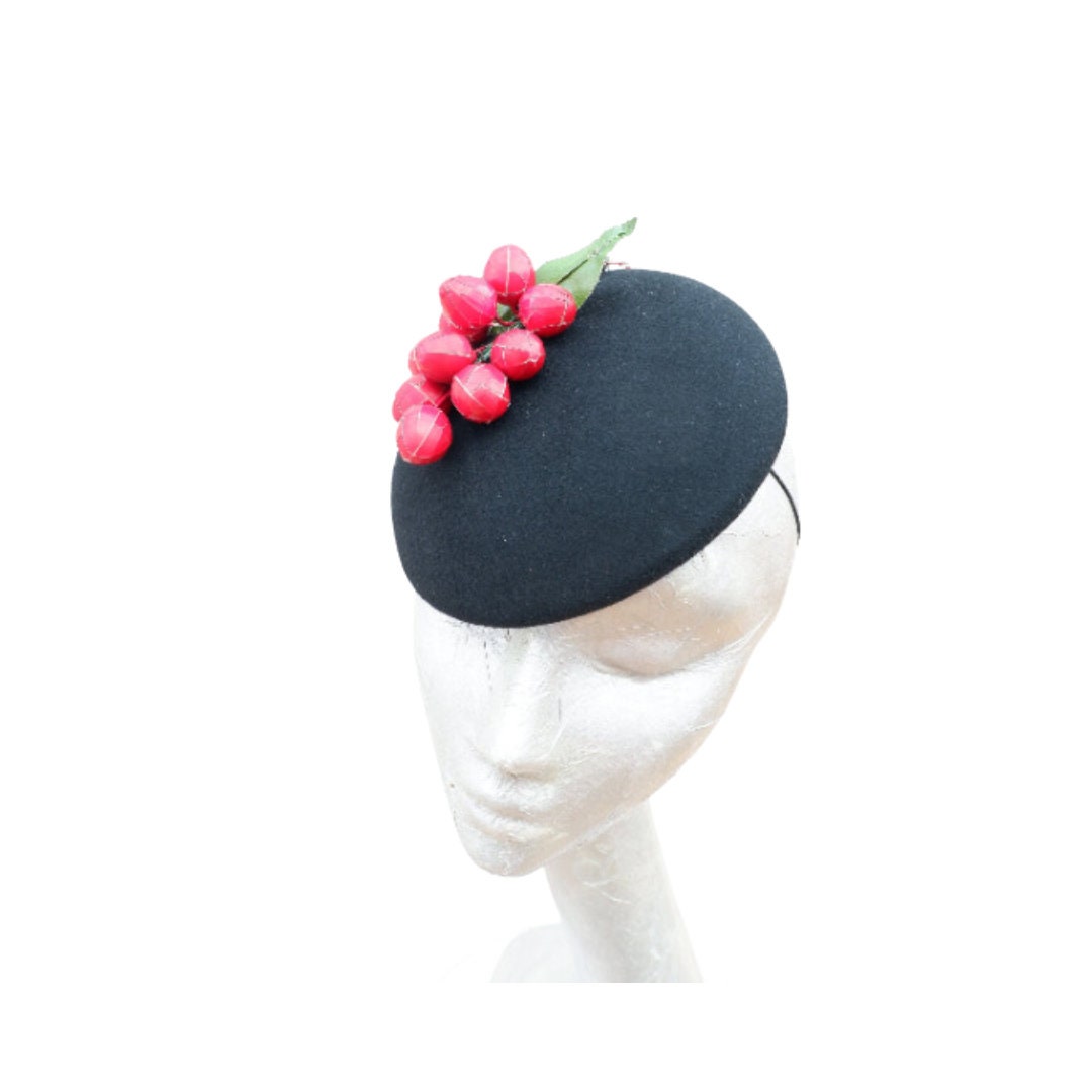 Deeta - Black & Red Cherry Cocktail Hat.