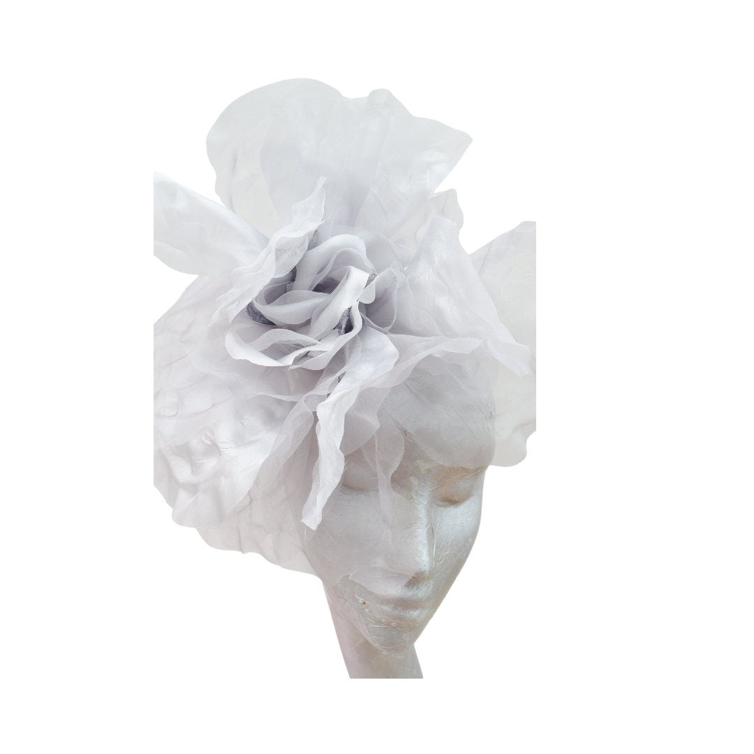 Ava-- Silver  silk organza 12 inch flower  fascinator
