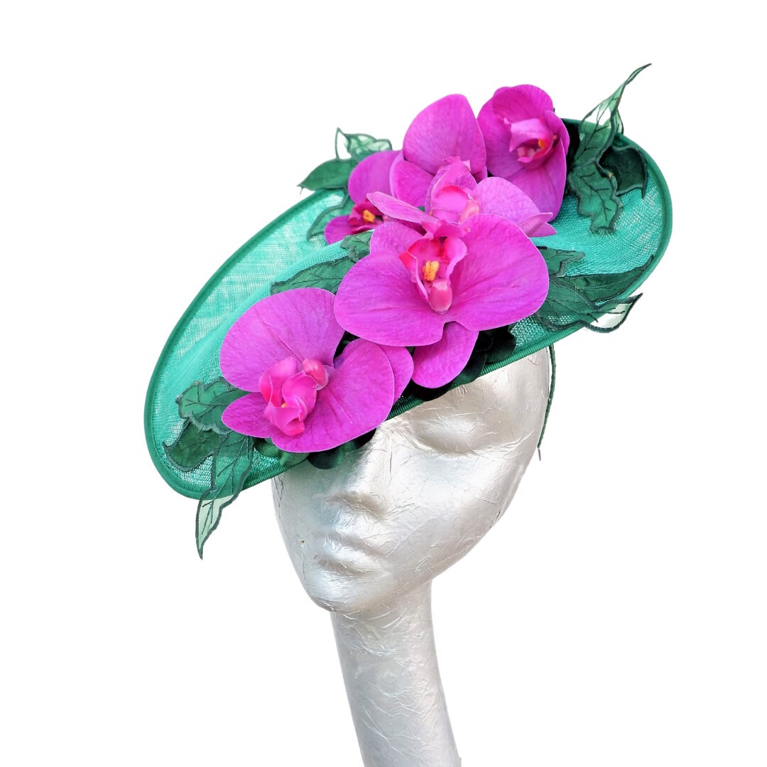 Orkney - Emerald Green Sinamay fascinator with Cerise touch Orchids
