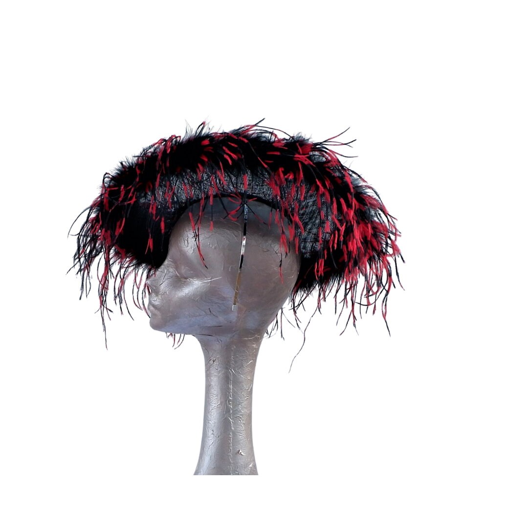 Giselle II -Black Saucer Hatinator with Black & Red ostrich Feathers