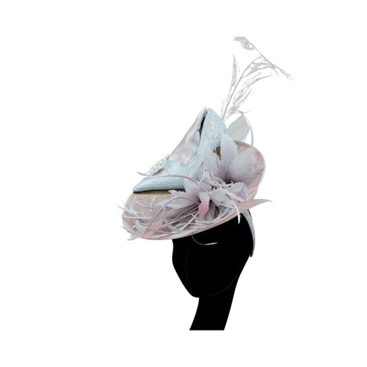 Small Silver lilac/ grey & Heather feature fascinator with Crystal Shoe ideal for Ascot one off