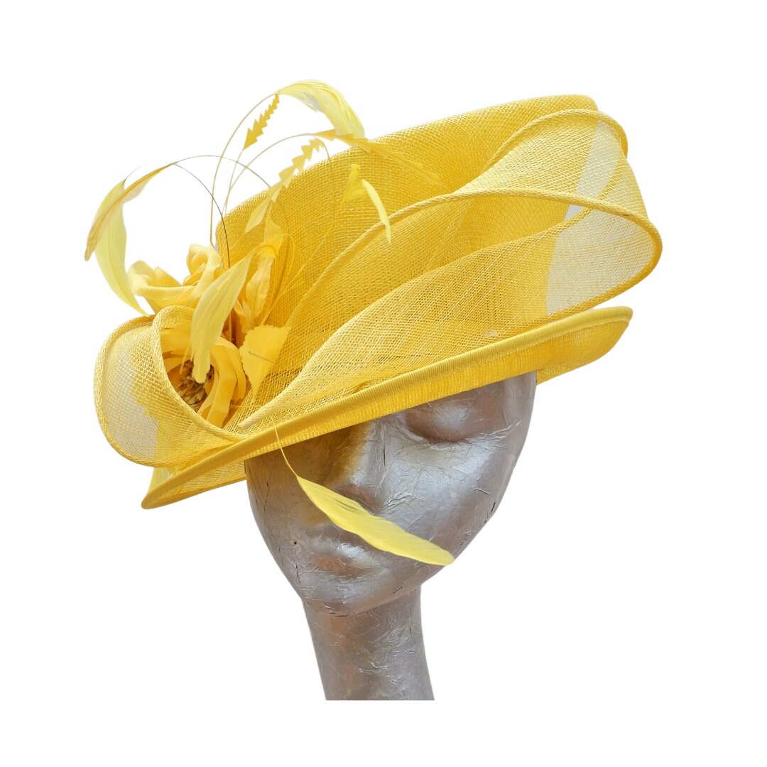 Cirrus - Maize Yellow feature hat with feather & Silk flower detail