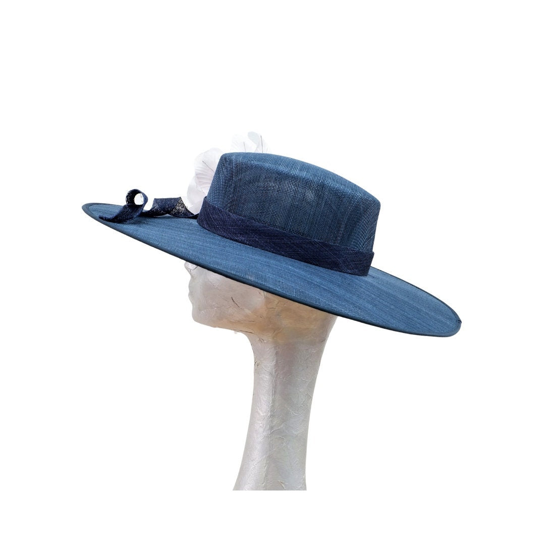 Henley - Navy Blue Sinamay Boater with Blush Flower