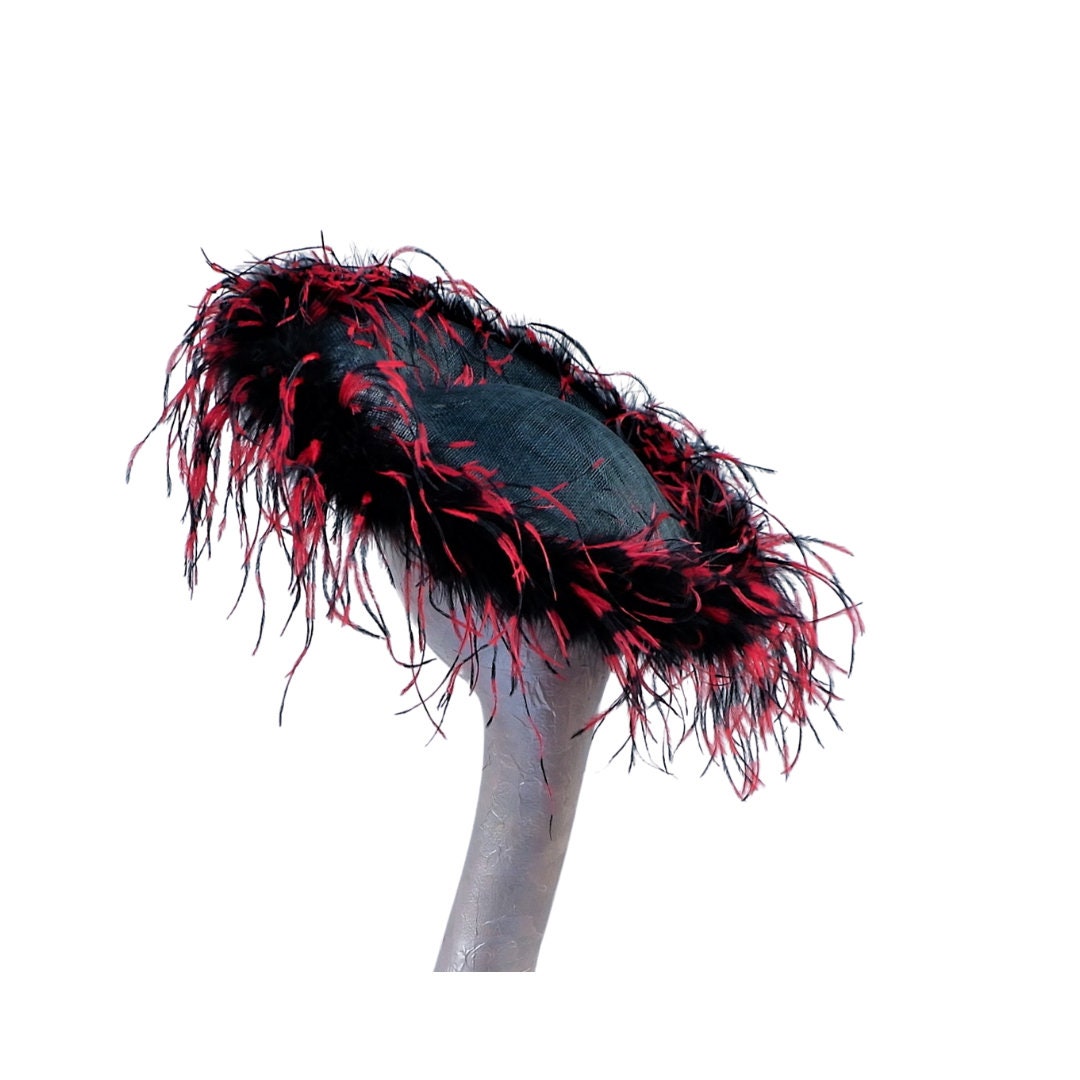 Giselle II -Black Saucer Hatinator with Black & Red ostrich Feathers