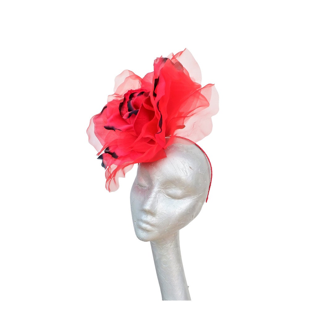 Ava--- Scarlet Red & Black silk/organza 12" flower fascinator