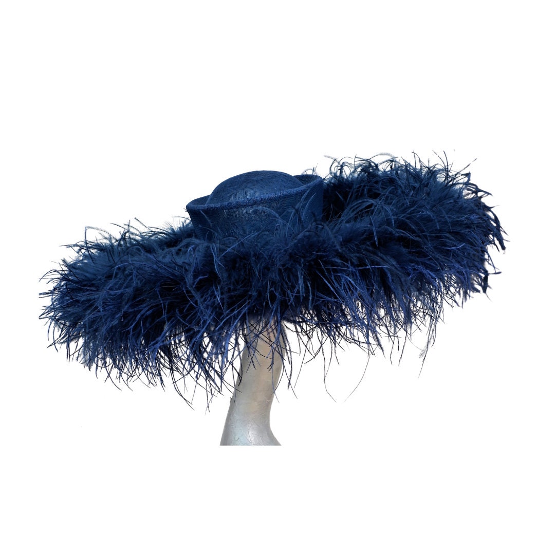 Emma - Extra large Hat with Ostrich feather boa in Navy