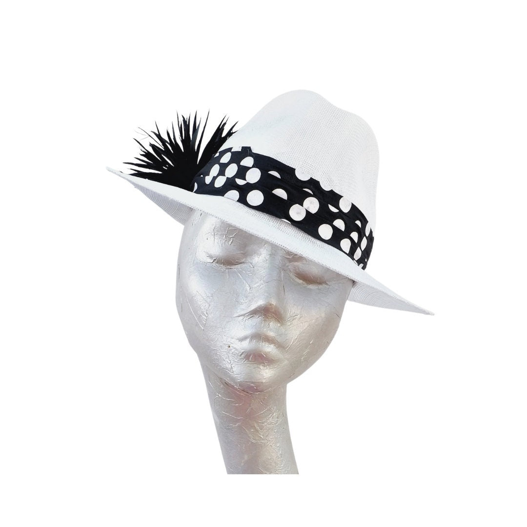 Thelma-  White & Black trimmed Trilby hat