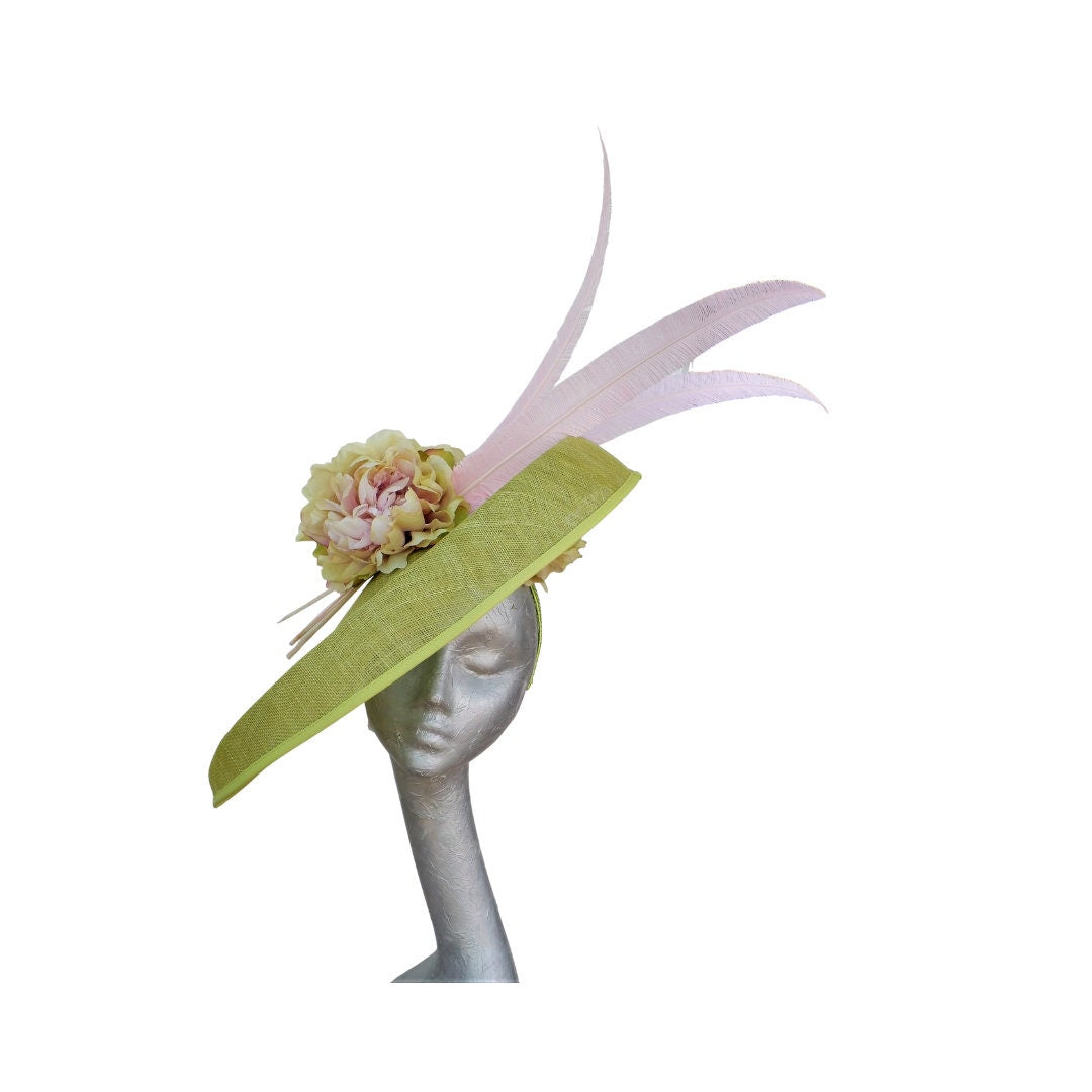 Hetty - Extra large Wasabi Green Hatinator with Pink & Green Hydrangea flowers and Pink Feathers