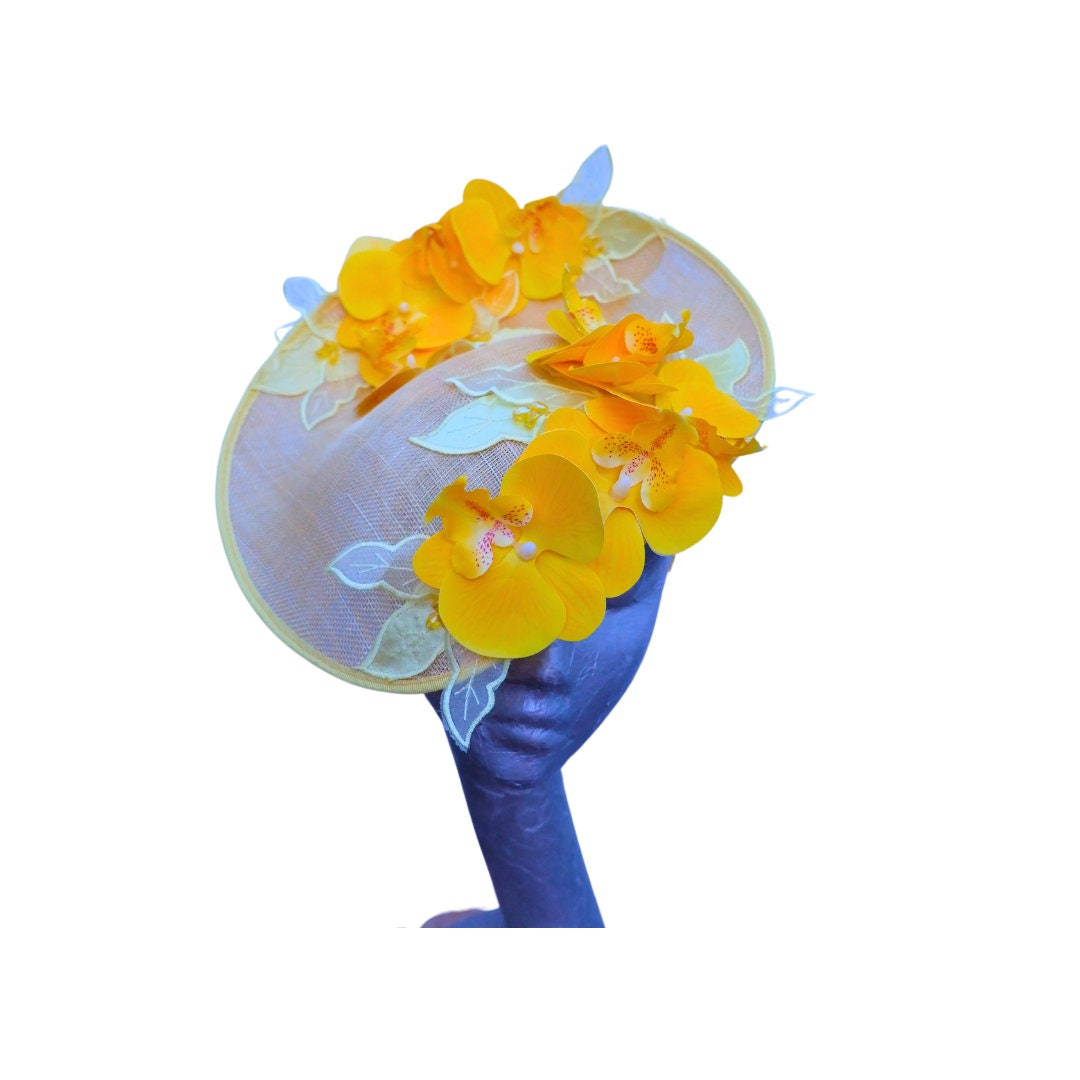 Orkney - Lemon Sinamay fascinator with Lemon & Pink Real touch Orchids