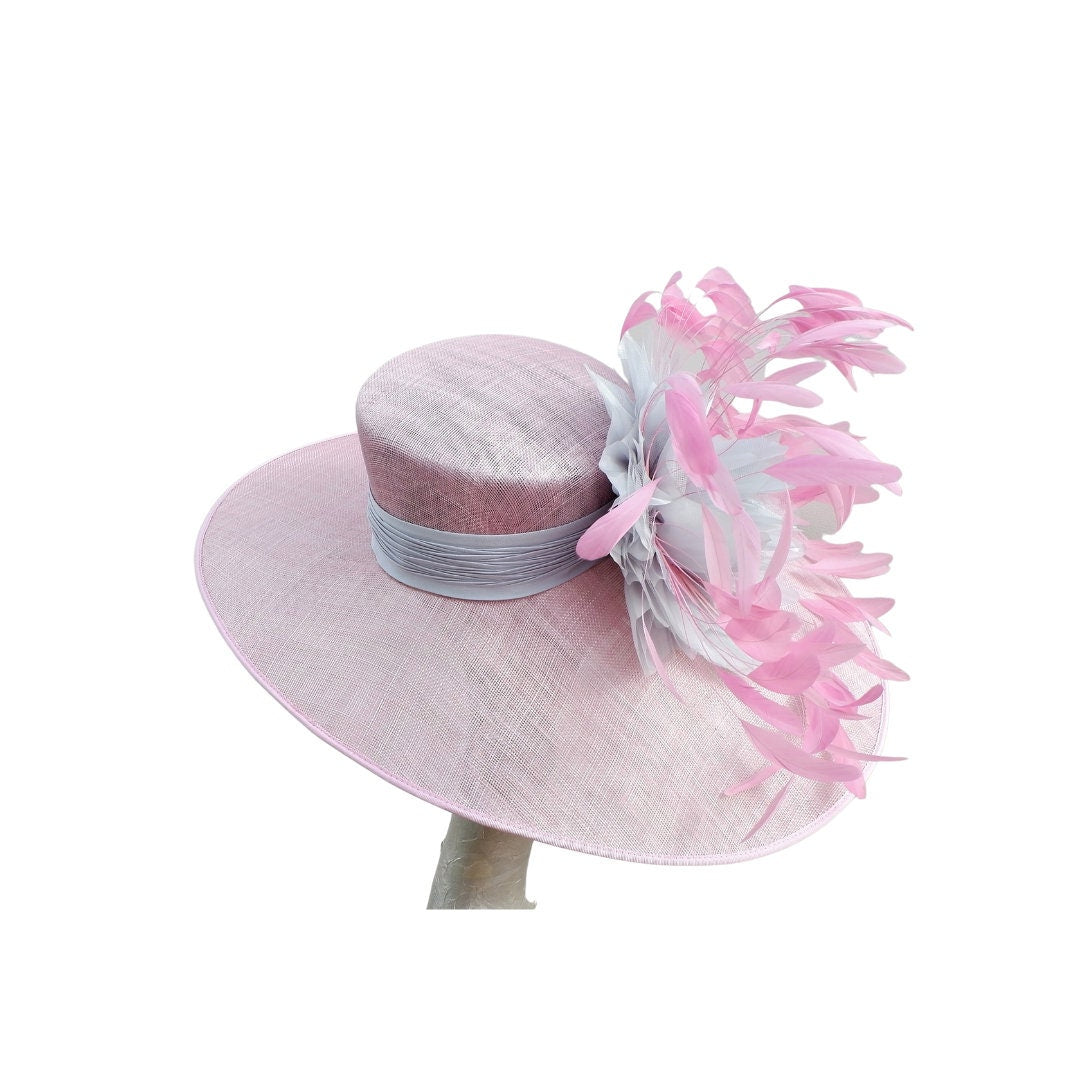 Philipa - Extra large Orchid Pink Hat with Silver Grey organza flower & Pink feathers