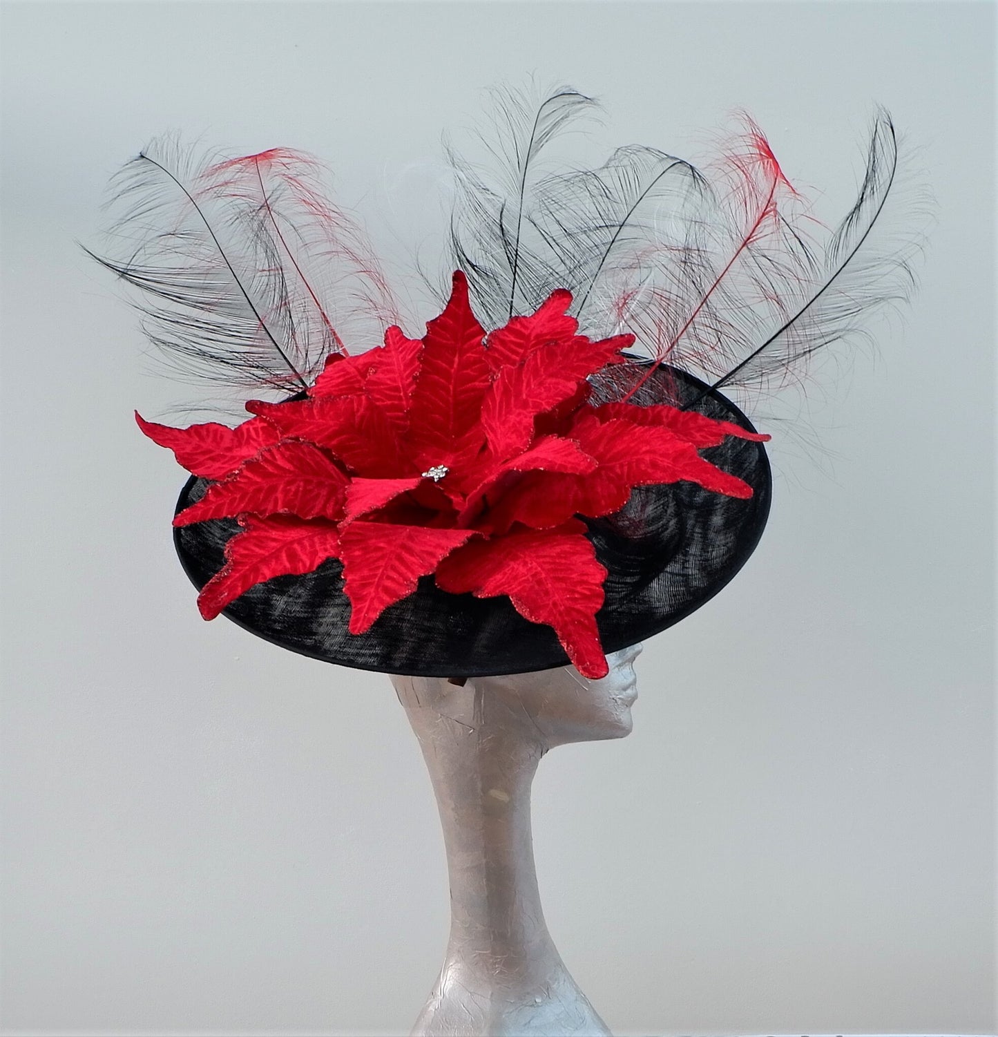 Extra large Black feature fascinator with 57cm Velvet Poinsettia & Ostrich feathers