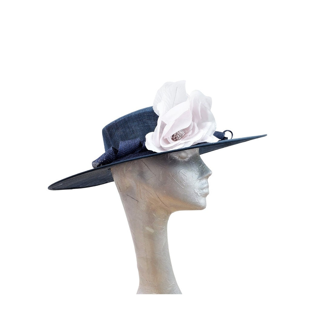 Henley - Navy Blue Sinamay Boater with Blush Flower