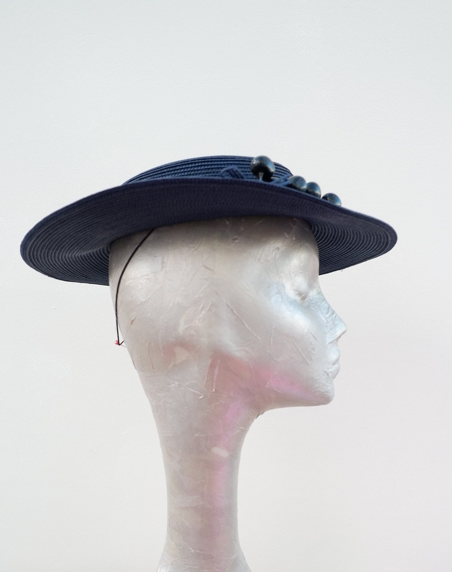 Tate - Navy Blue Polybraid Boater with Vintage 50's trim