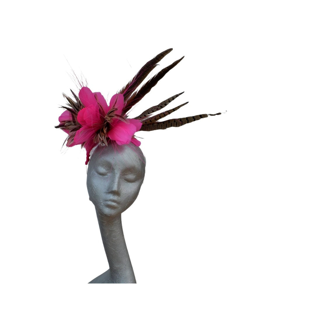 Flo - Fluorescent pink & natural feather fascinator
