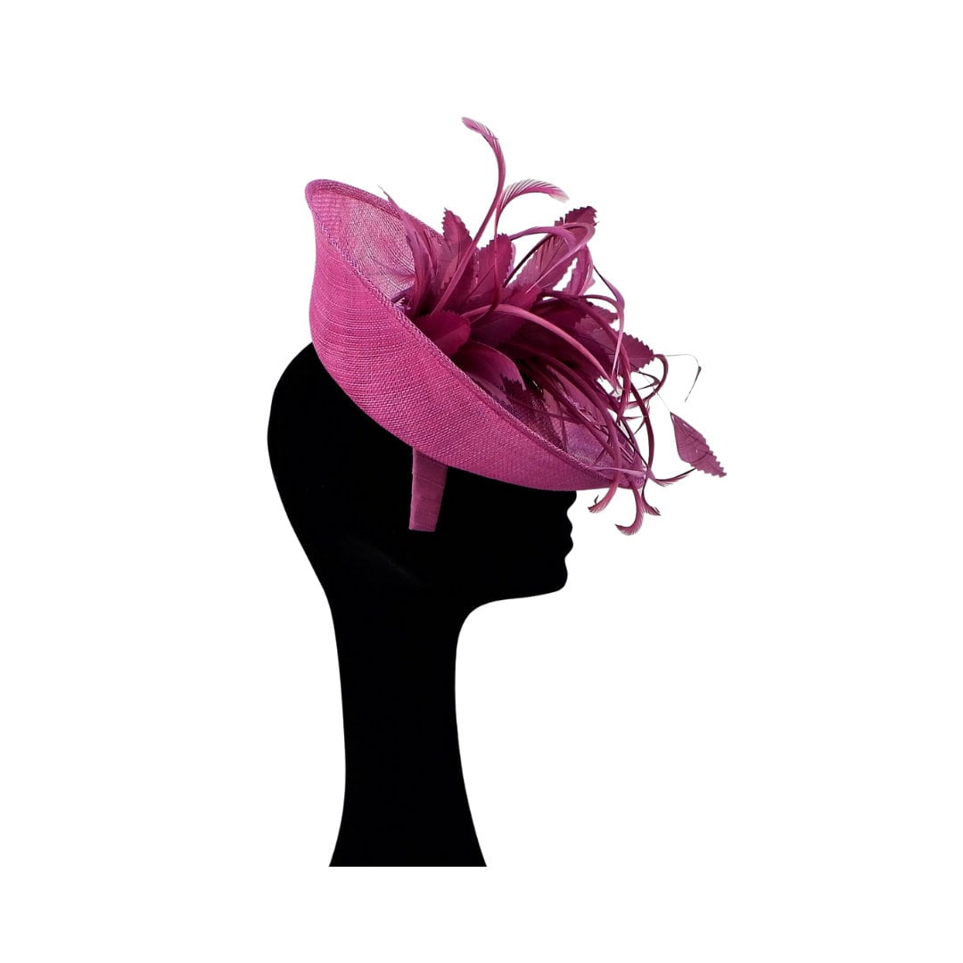 Amethyst uptured saucer with Amethyst feather trimmings by Hats2go