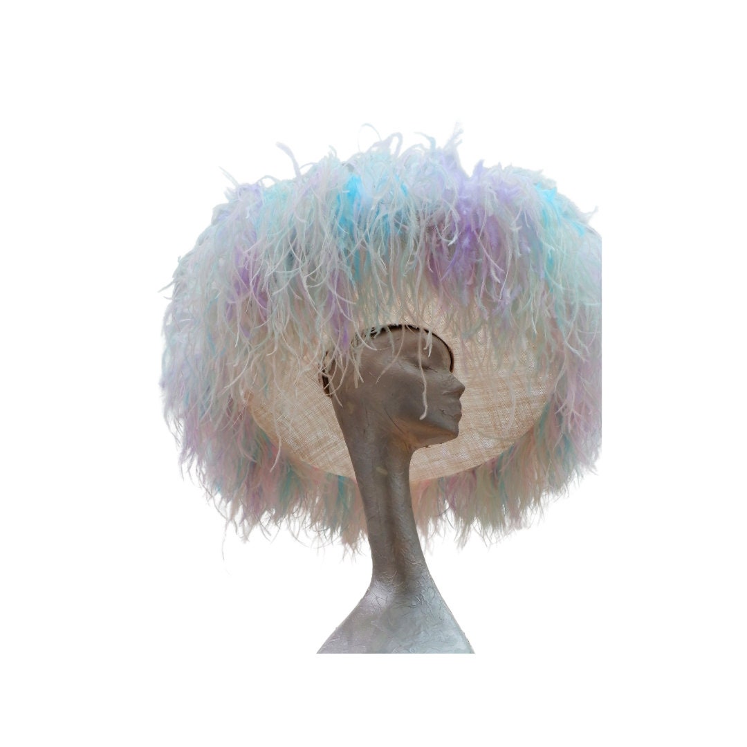 Emma - Extra large Hat Nude & Multi pastel Rainbow feathers